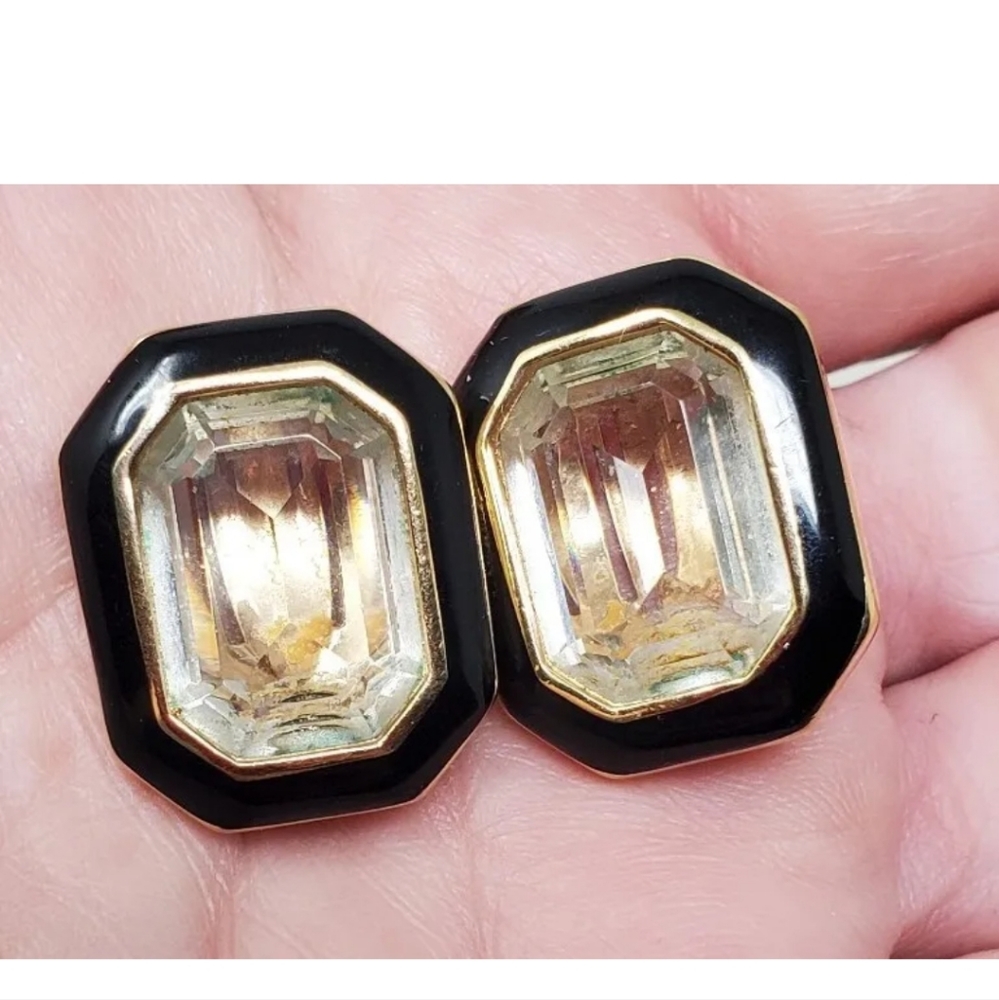 Vintage Early Daniel Swarovski Crystal Black Enamel Clip Earrings